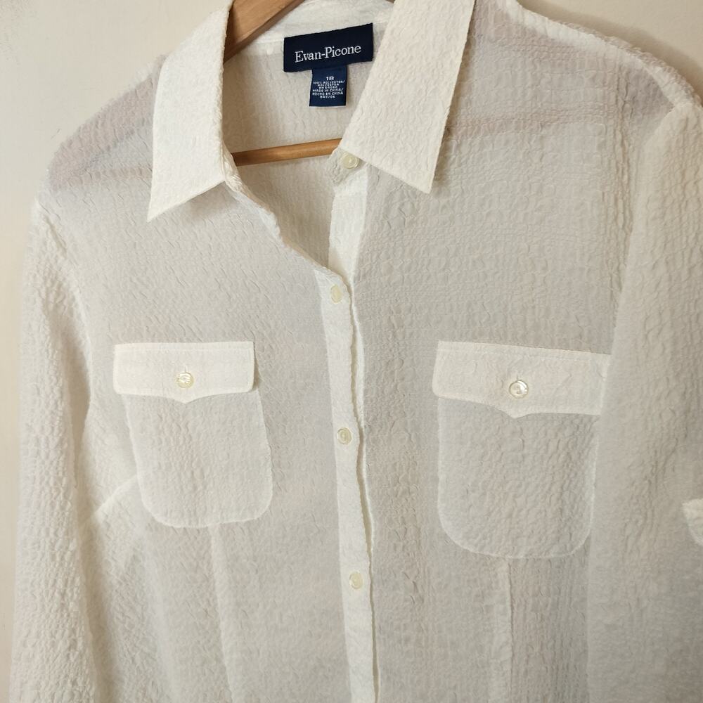 Evan Picone White Button Up Shirt Crinkle Tab Sleeve - Picture 6 of 9